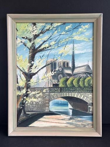 Framed Oil Painting of Notre Dame Bridge Scene, Signed Pagliero 59
