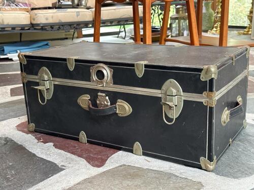Vintage Metal Travel Trunk with Tray and Key