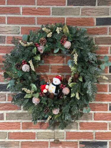 Christmas Wreath with Snowman and Pinecones