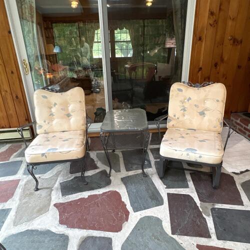 Two Lyon-Shaw Wrought Iron Patio Chairs and Glass-Top Side Table