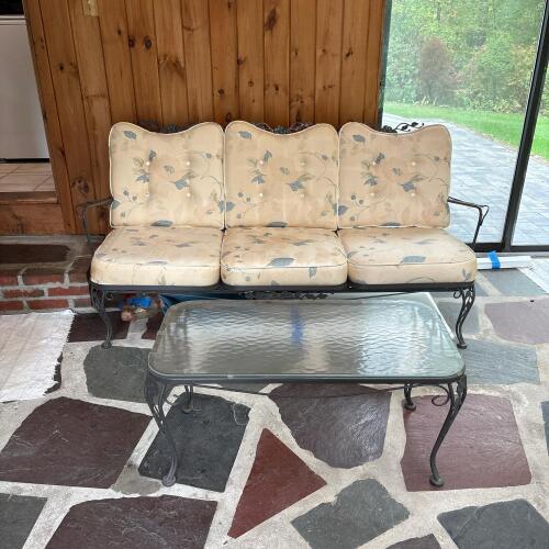 Lyon-Shaw Wrought Iron Patio Sofa and Glass Top Coffee Table