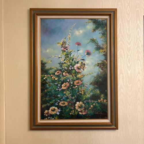 31" x 43" Signed Floral and Butterfly Artwork on Canvas