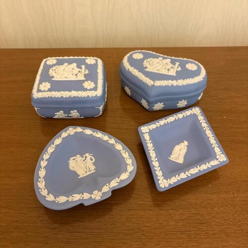 Four Wedgwood Blue Jasperware Trinket Boxes and Dishes