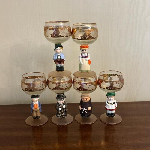 Set of Six Figural Stemmed Glasses with Floral Decoration