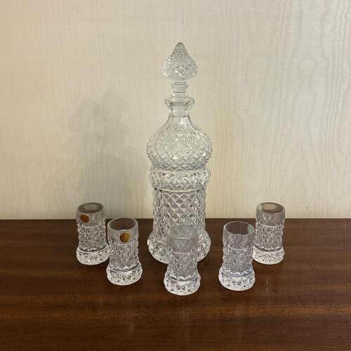West German Lead Crystal Decanter with Five Shot Glasses.