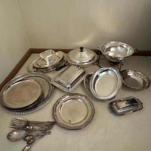 Assorted Silver Plate and Stainless Serving Trays and Utensils