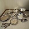 Assorted Silver Plate and Stainless Serving Trays and Utensils