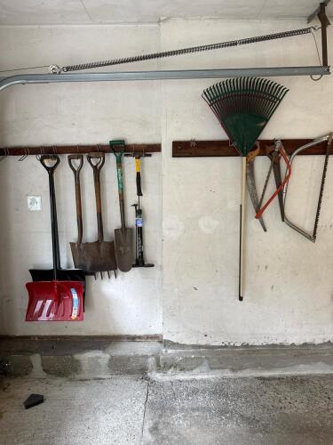 Assorted Hand Tools: Shovels, Rake, Saws, Snow Shovel, Hammer