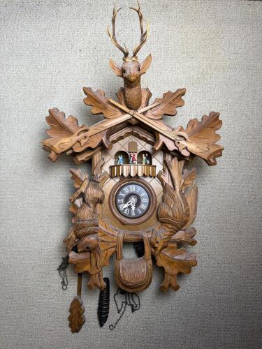 Carved Wood German Cuckoo Clock with Animated Dancers