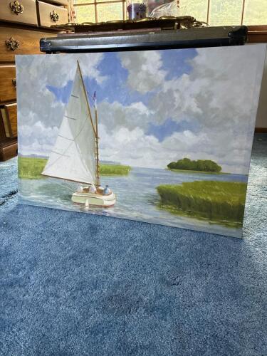 Landscape Painting With Sailboat, Contemporary-Style