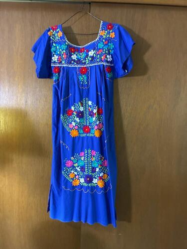 Blue Mexican Embroidered Floral Dress in Traditional Style