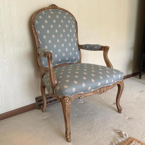 Louis XV-Style Upholstered Carved Wood Armchair