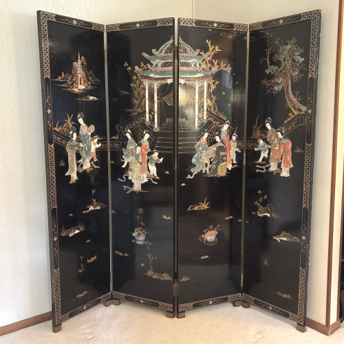 Vintage Chinese Hand-Painted Screen with Mother-Of-Pearl Inlay