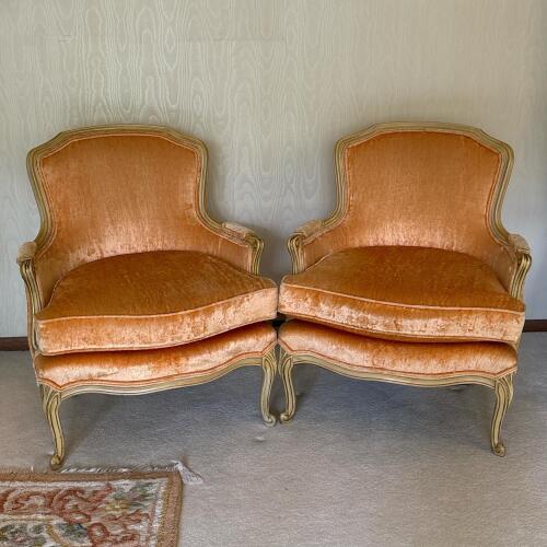 Pair of Peach Velvet Louis XV-Style Berg&egrave;re Armchairs