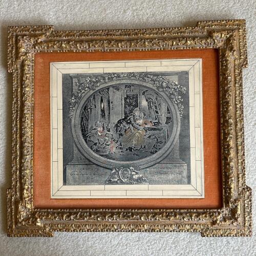Framed La Felicite Engraving in Ornate Gilt Frame, 18"x16"