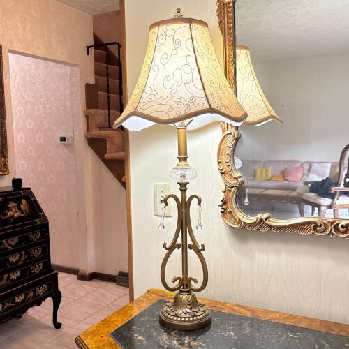 Ornate Table Lamp With Crystal Drops and Swirl Shade