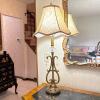 Ornate Table Lamp With Crystal Drops and Swirl Shade