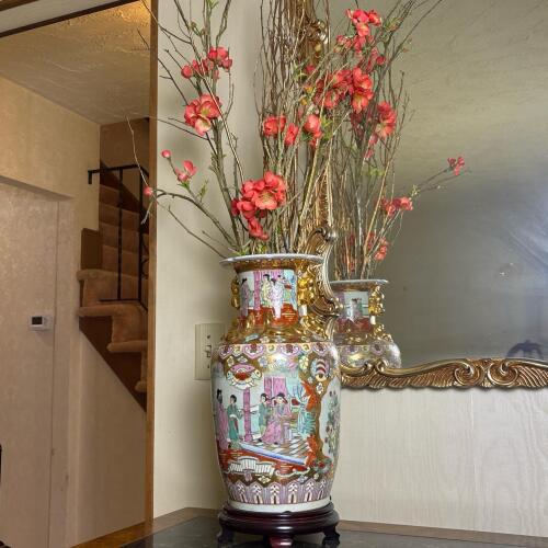 Famille Rose-Style Ceramic Vase With Gilt Handles