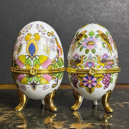 Ceramic Egg Trinket Boxes with Floral & Bird Motifs