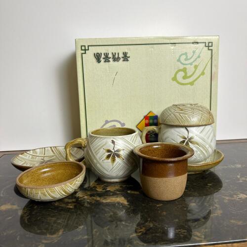 Korean Stoneware Tea Cups with Lids, Saucers, & Strainers