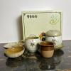 Korean Stoneware Tea Cups with Lids, Saucers, & Strainers