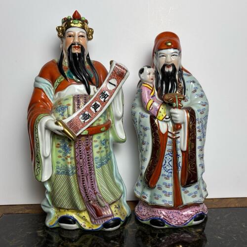 Vintage Ceramic Statues of Chinese Gods Lu Xing & Fu Xing