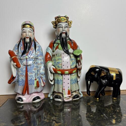 Vintage Ceramic Chinese Figurines & Black Lacquered Elephant