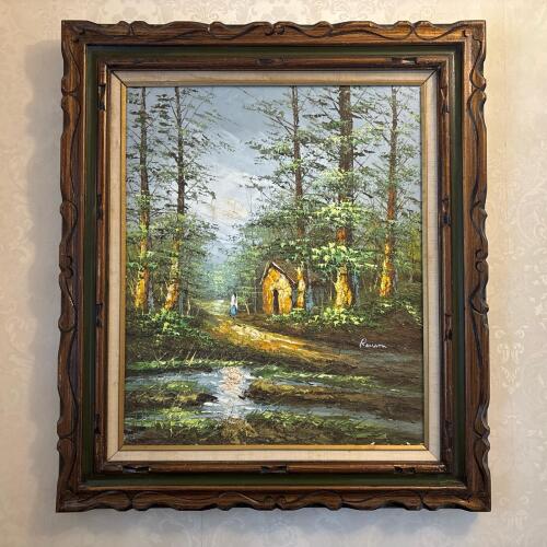 Framed Landscape Painting with Forest and Cottage, 28"x32"