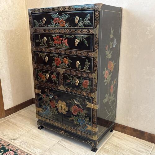 Oriental-Style Black Lacquer Chest with Floral & Bird Motifs