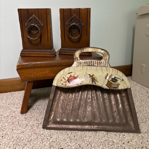 Vintage Metal Dustpan, Wooden Bookends, & Wooden Footstool