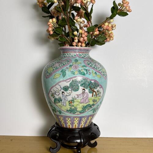 Chinese Famille Rose-Style Ceramic Vase with Stand