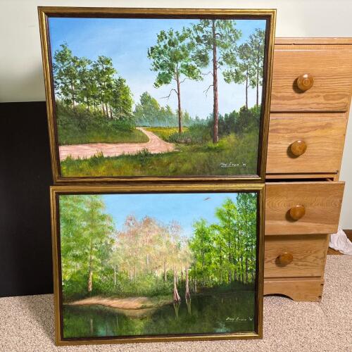 Pair of Framed May Erwin Landscape Paintings, 26"x20"
