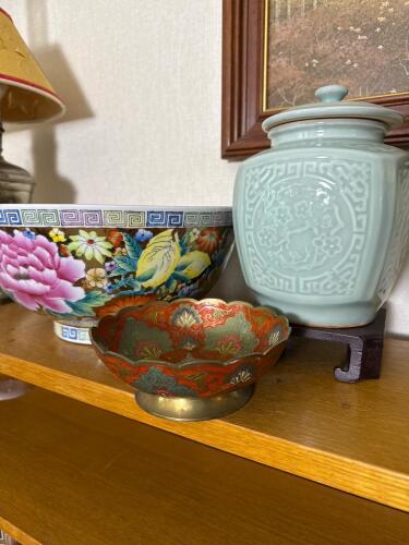 Chinese Porcelain Bowl, Brass Enamel Dish, Celadon-Style Jar