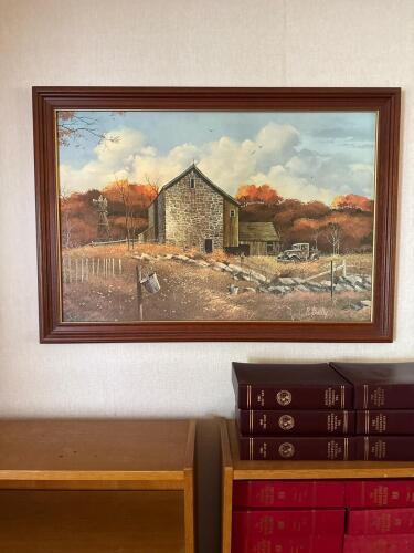 Framed Barn Landscape Print Signed P. Bailly