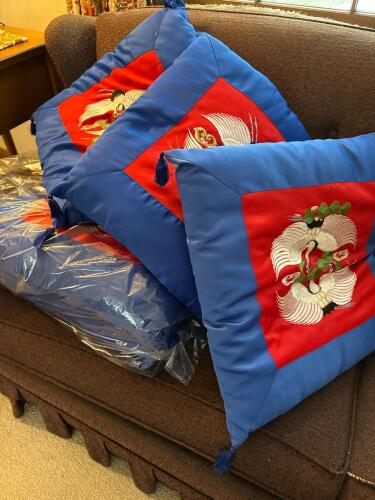 Embroidered Satin Decorative Pillows with Crane Motif