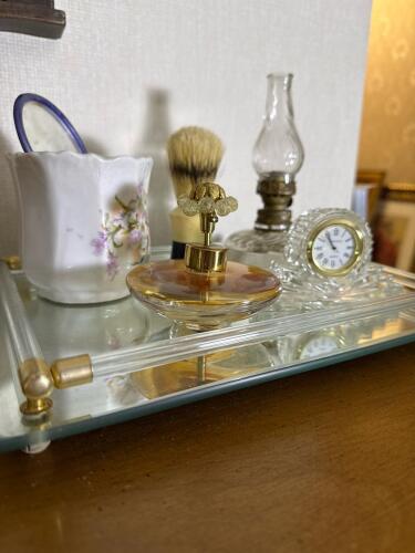 Vintage Vanity Items: Perfume, Clock, Shaving Cup and Brush