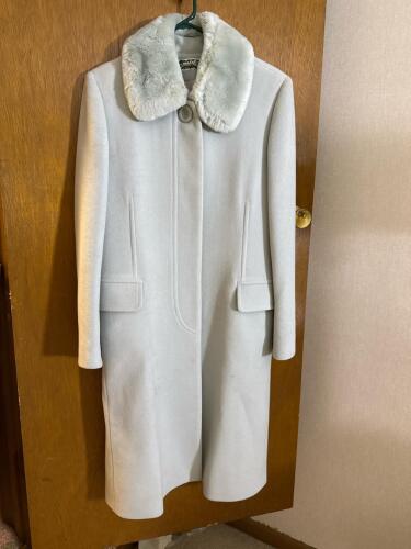 Women's Light Blue Wool Coat with Faux Fur Collar