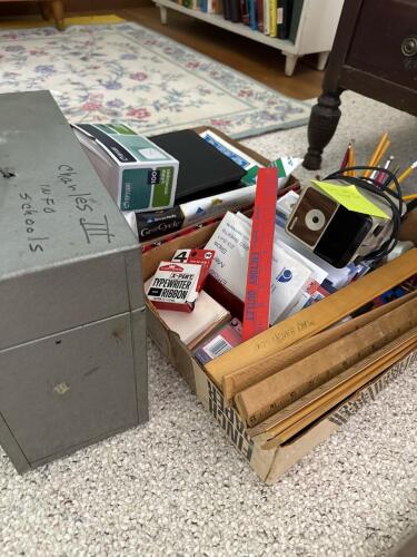 Vintage Metal File Box with Mixed Office Supplies