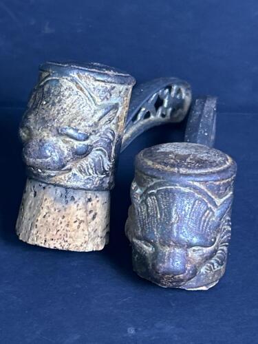 Pair of Antique Cast Iron Lion Figural Bottle Stoppers