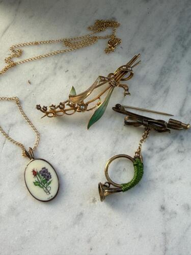 Art Nouveau-Style Gold Brooch, Horn Bar Pin, Painted Pendant