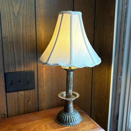 Vintage Table Lamp With Scalloped Metal Base and Fabric Shade