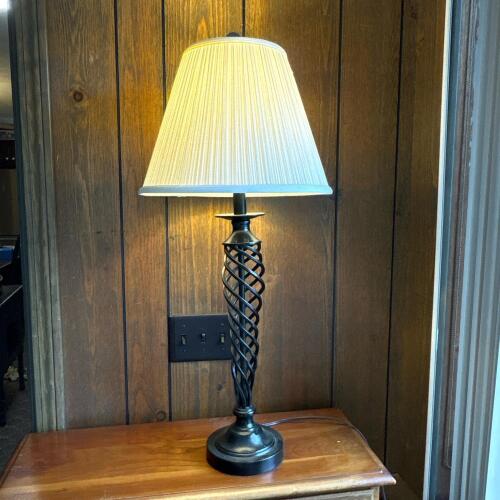 Black Metal Table Lamp With Lattice Twist Base and Pleated Shade