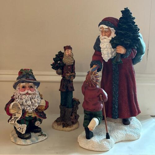 Three Santa Figurines with Woodland and Winter Scenes