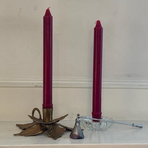 Two Candleholders and Candle Snuffer - Leaf and Glass Styles