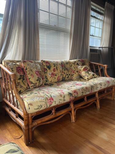Rattan Sofa With Floral Upholstered Cushions