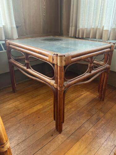 Rattan and Glass Square Side Table in Mid-Century Modern Style