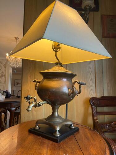 Antique-Style Brass Samovar Table Lamp with Square Shade