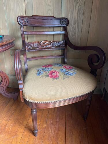 Carved Wood Armchair With Needlepoint Upholstered Seat