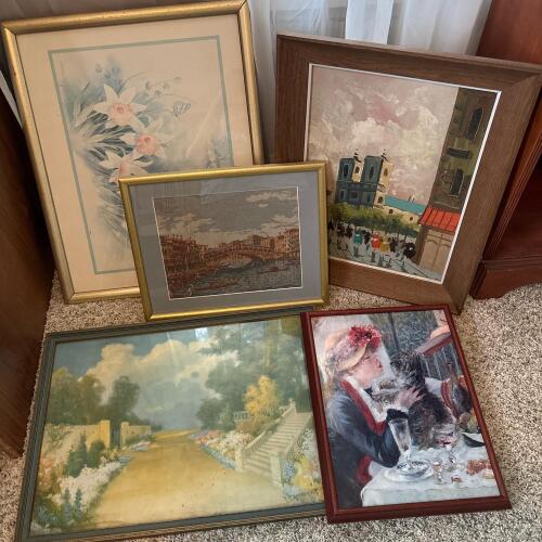 Assorted Framed Art: Floral, Cityscape, Garden