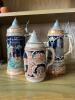 German Pottery Beer Steins with Pewter Lids